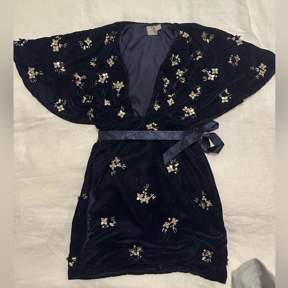 ASOS - Plunging Navy Blue Velvet Kimono Mini - 00 - Picture 3 of 5